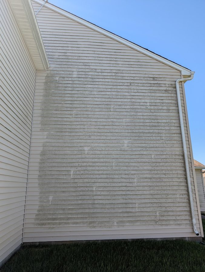 House washing before, algae and mildew staining on home exterior