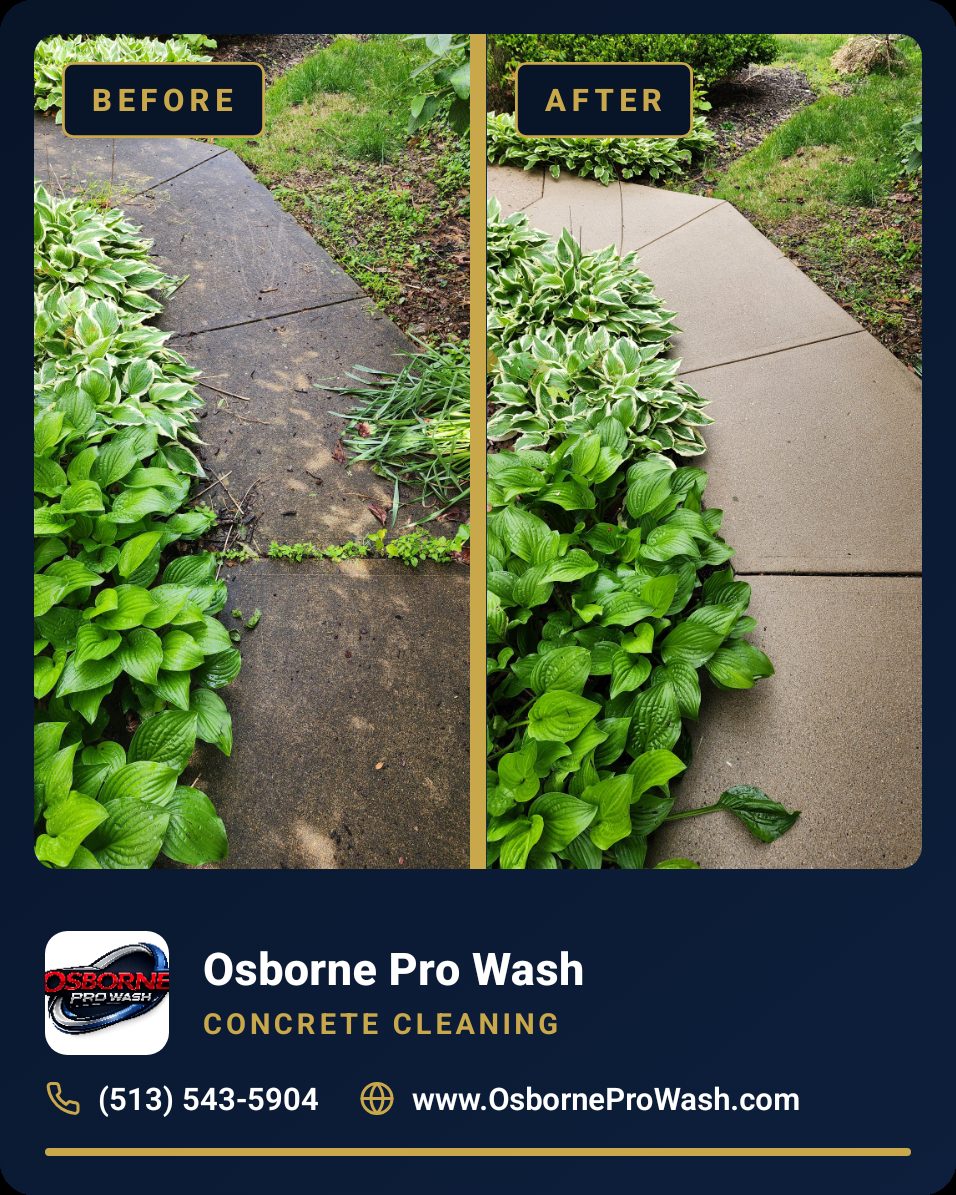 Before and after concrete walkway cleaning removing dirt and algae, by Osborne Pro Wash in the Little Miami Valley