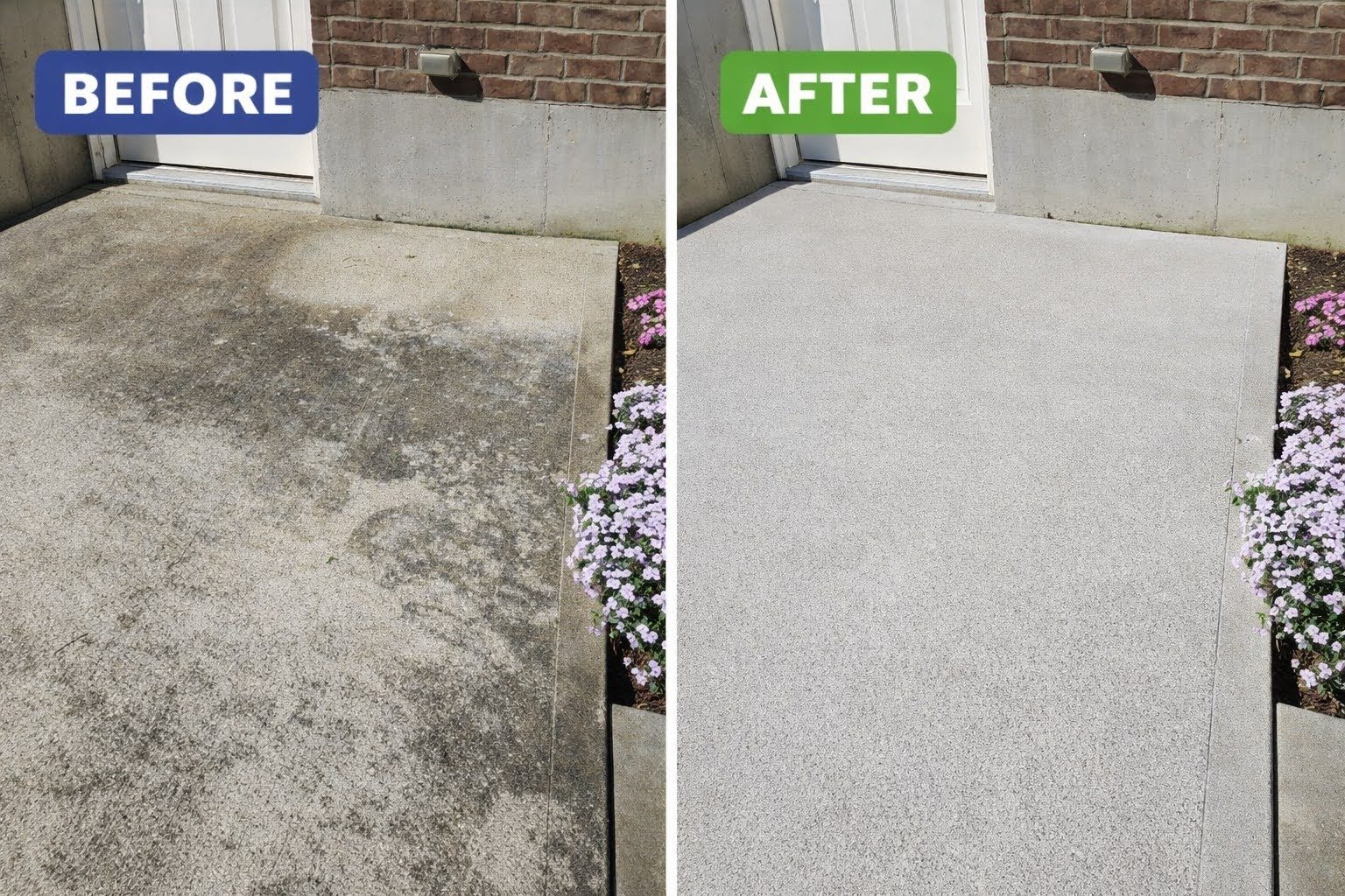 Before and after cleaning a stained exposed-aggregate concrete entryway, by Osborne Pro Wash in the Little Miami Valley