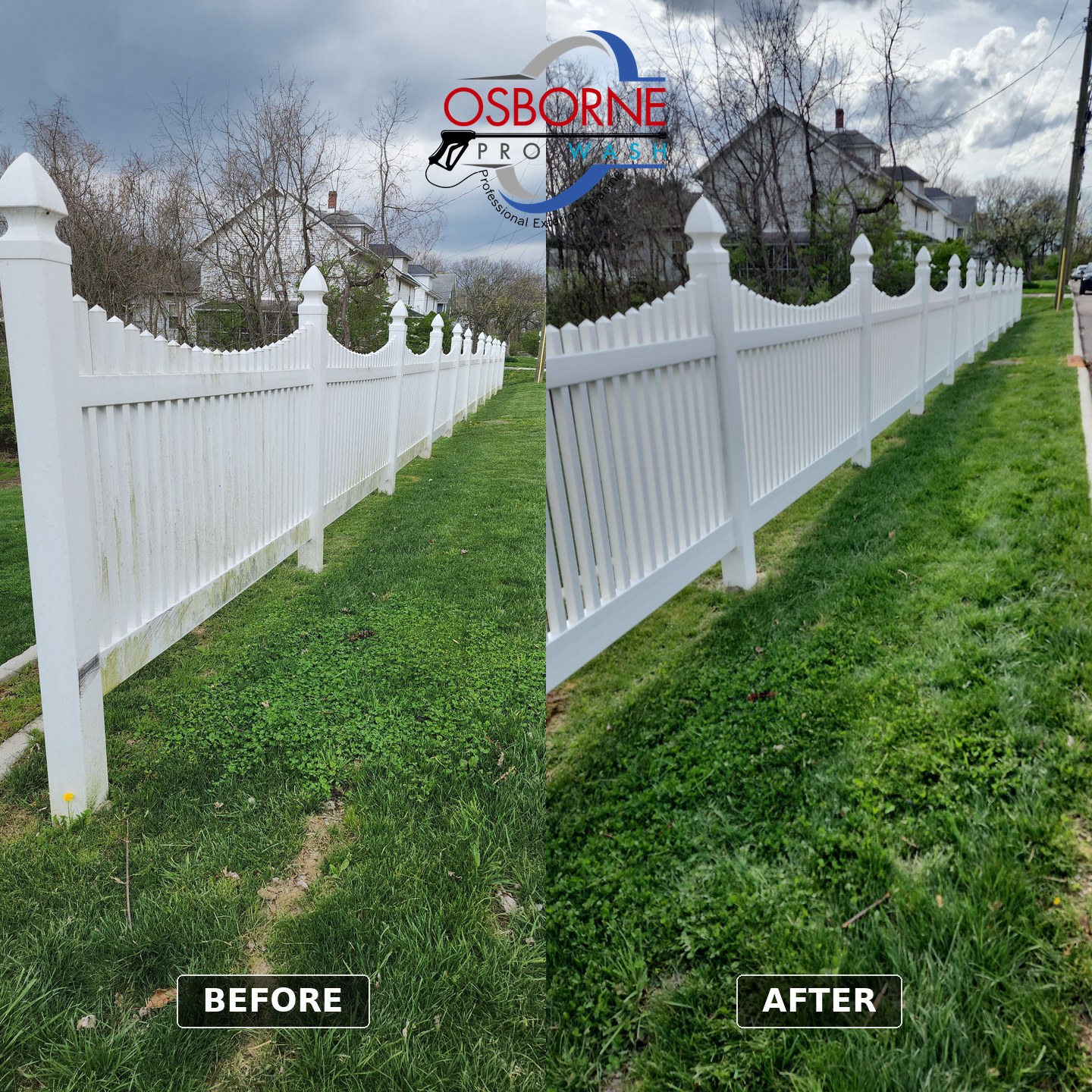 Before and after vinyl fence cleaning restoring a white picket fence in Kings Mills, Ohio by Osborne Pro Wash