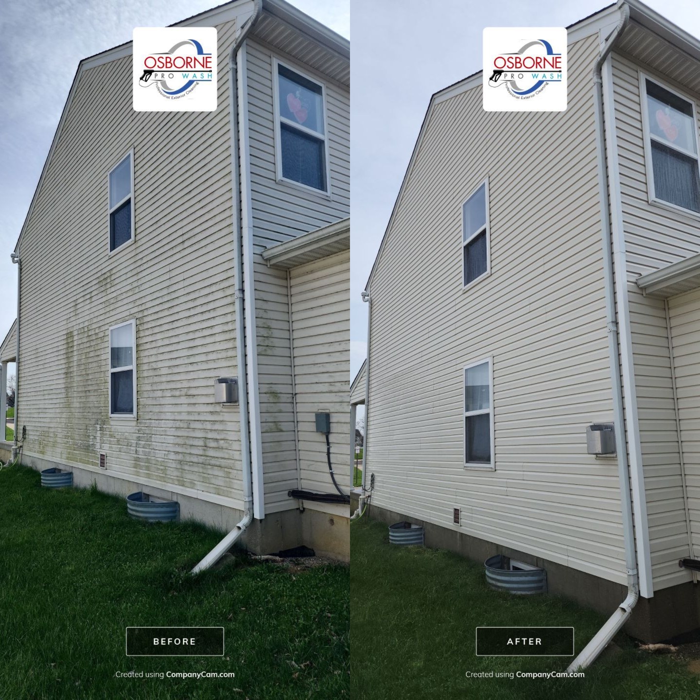 Before and after house soft washing on a cream vinyl-sided home in Landen, Ohio by Osborne Pro Wash