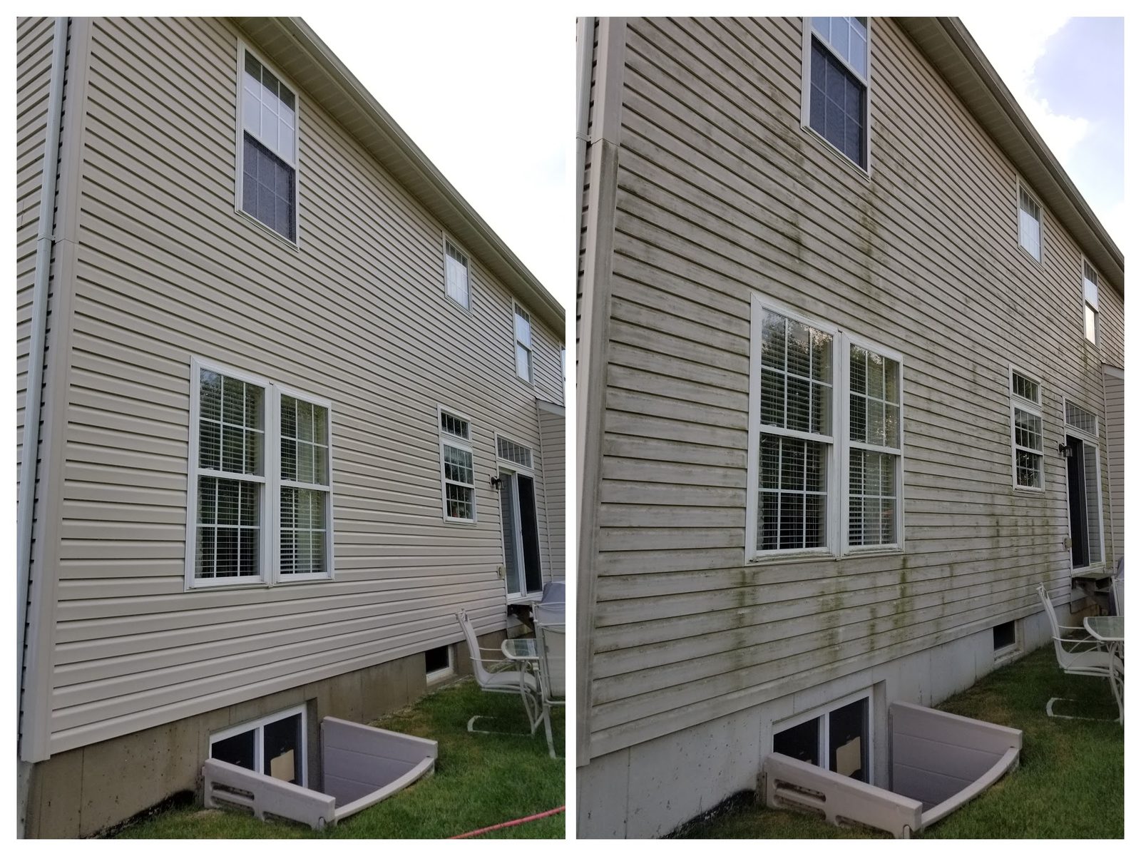 Before and after house soft washing removing heavy algae from a two-story home in Lebanon, Ohio by Osborne Pro Wash