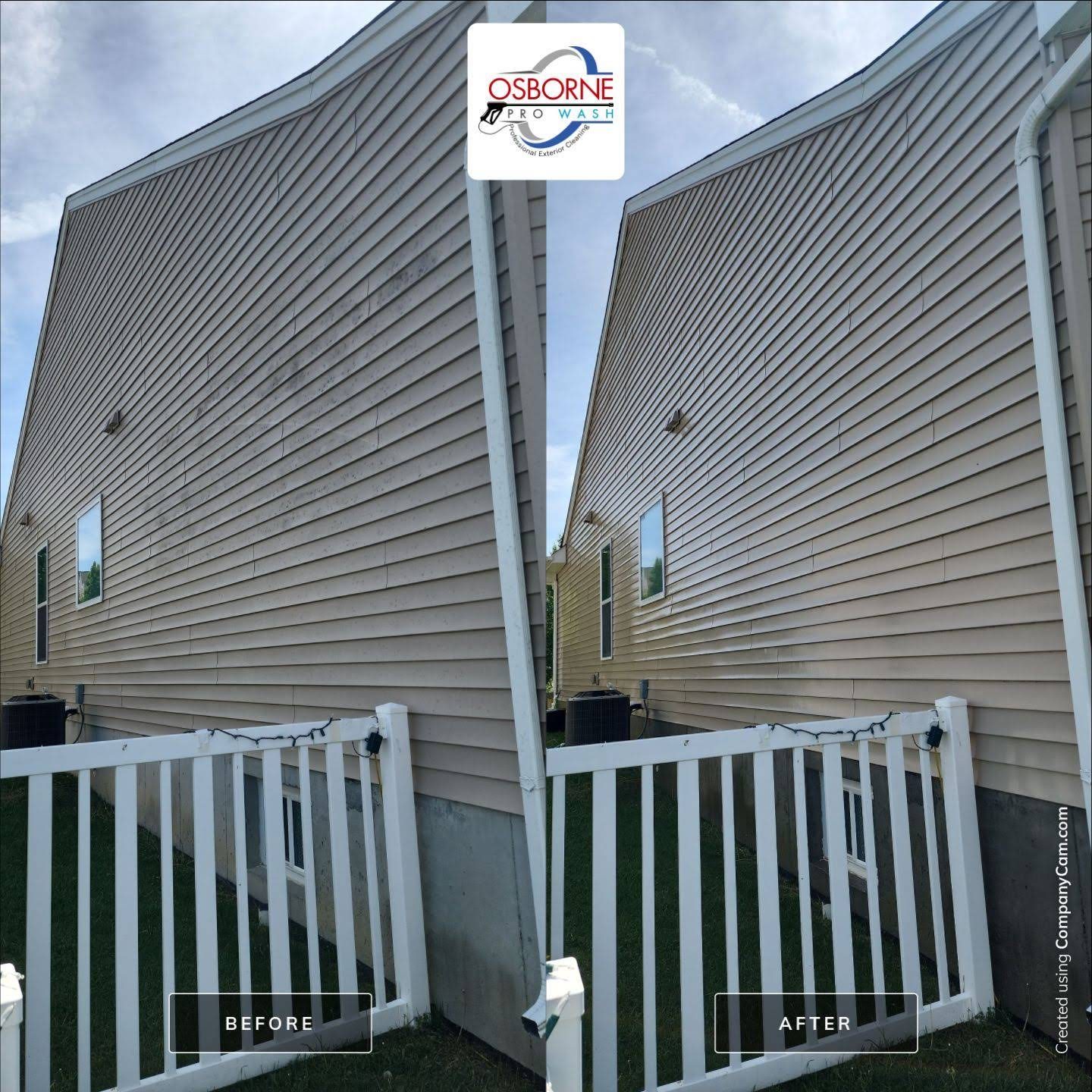 Before and after house soft washing on a home exterior in Loveland, Ohio by Osborne Pro Wash