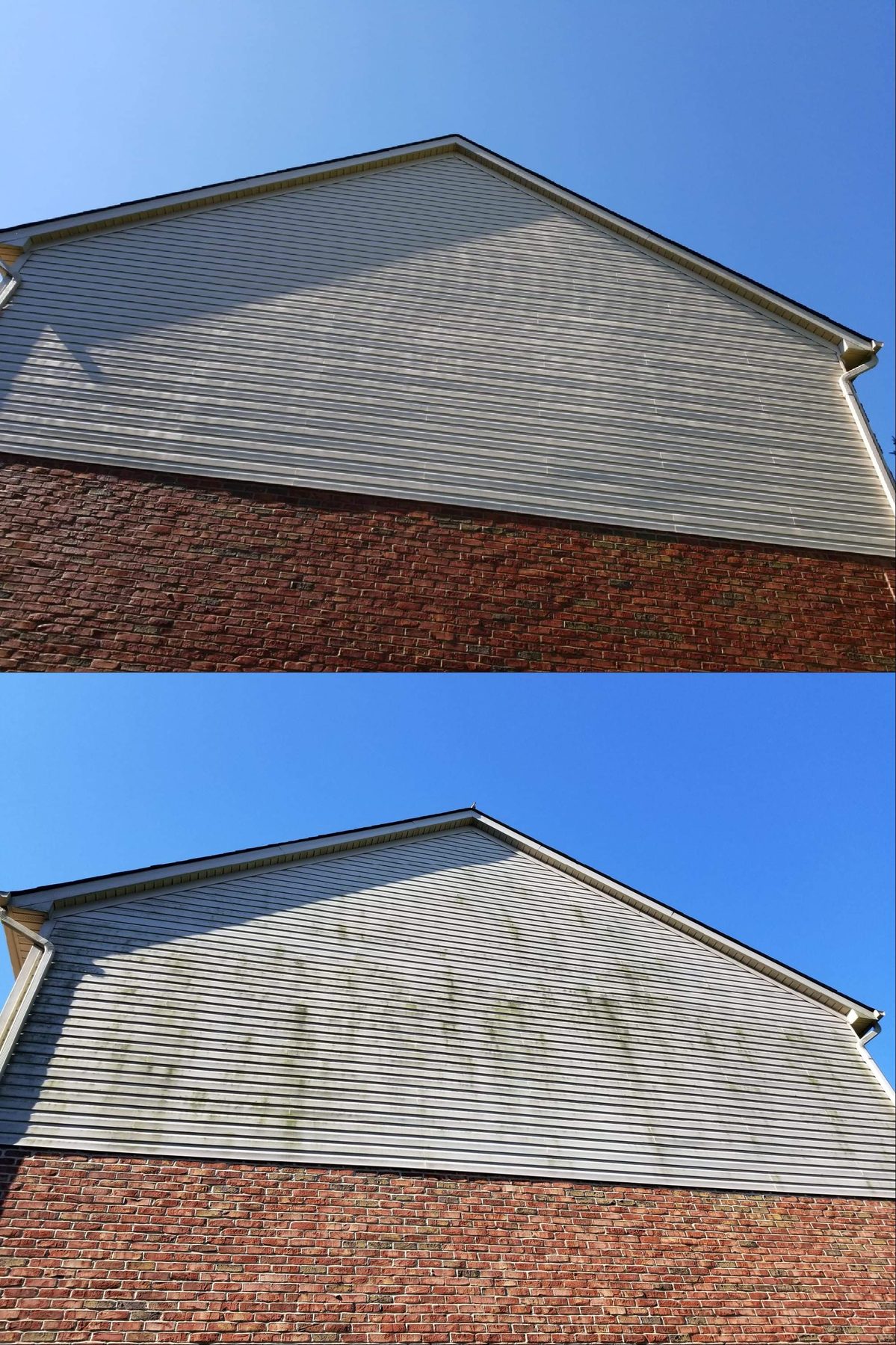 Before and after house soft washing on a brick and vinyl home in Maineville, Ohio by Osborne Pro Wash