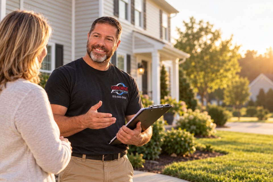 Kyle Osborne of Osborne Pro Wash going over a maintenance plan checklist with a homeowner outside a freshly cleaned home