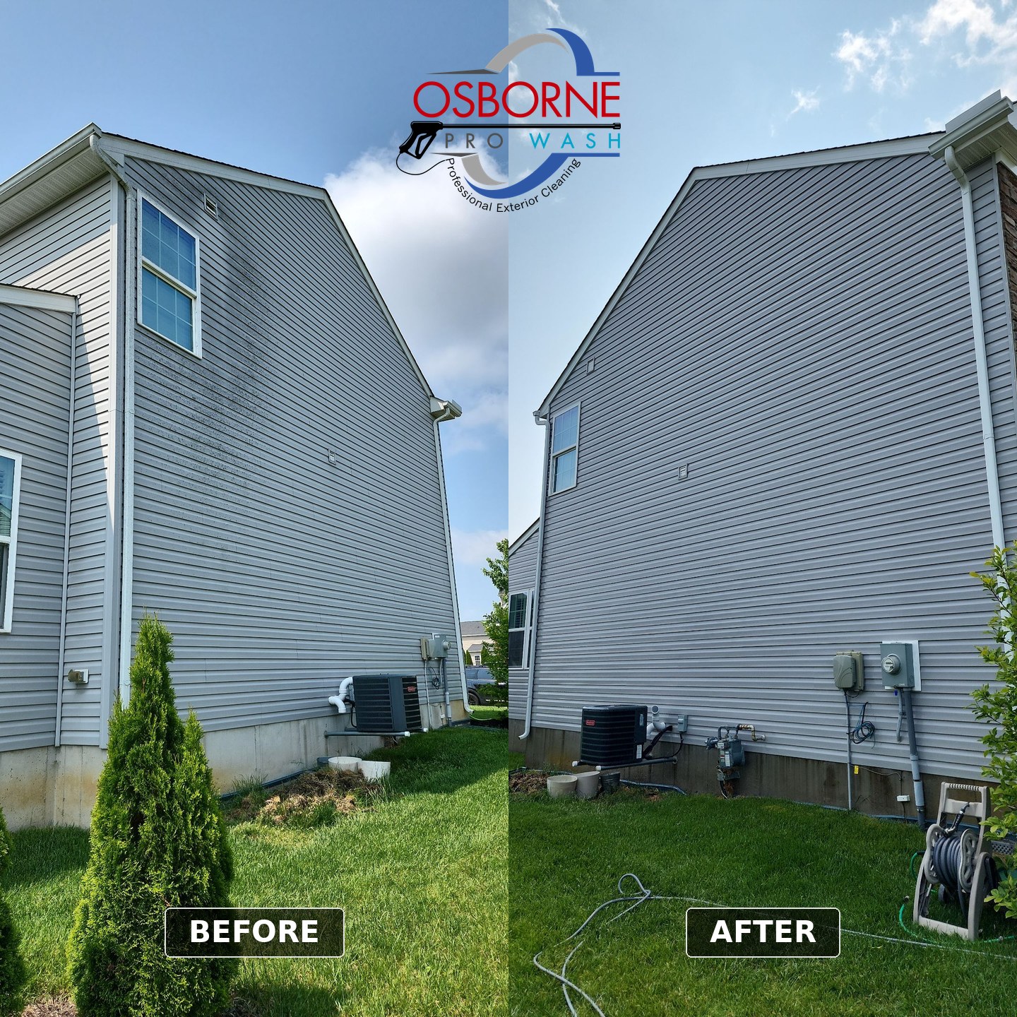 Before and after house soft washing on a gray vinyl-sided home in Mason, Ohio by Osborne Pro Wash
