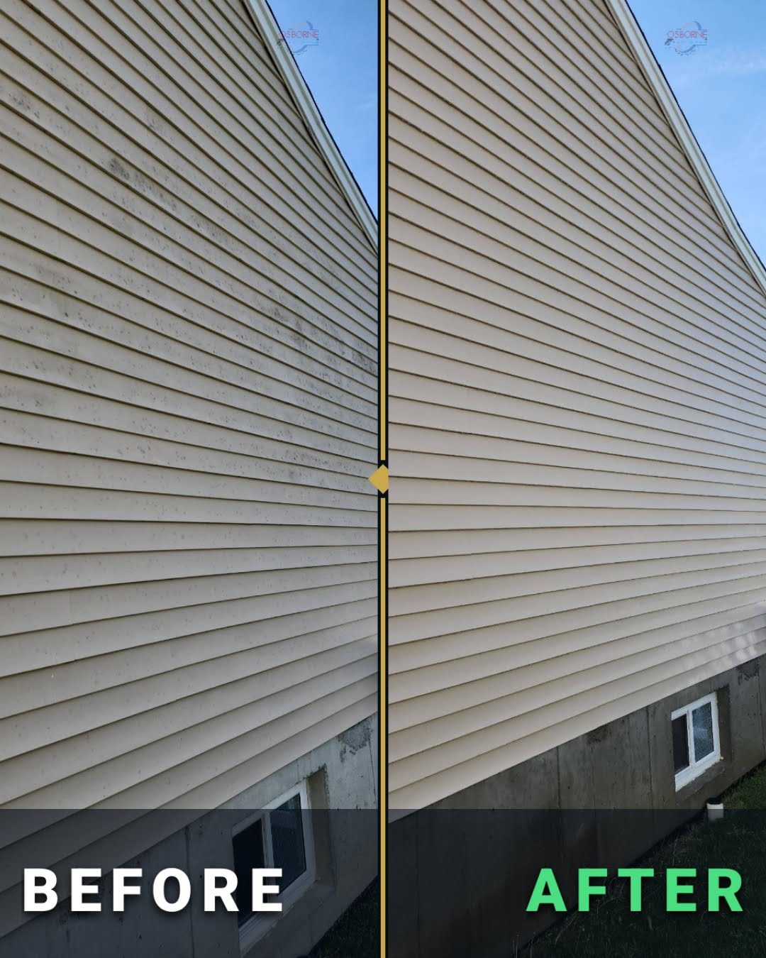 Before and after house soft washing on a vinyl-sided home in Morrow, Ohio by Osborne Pro Wash