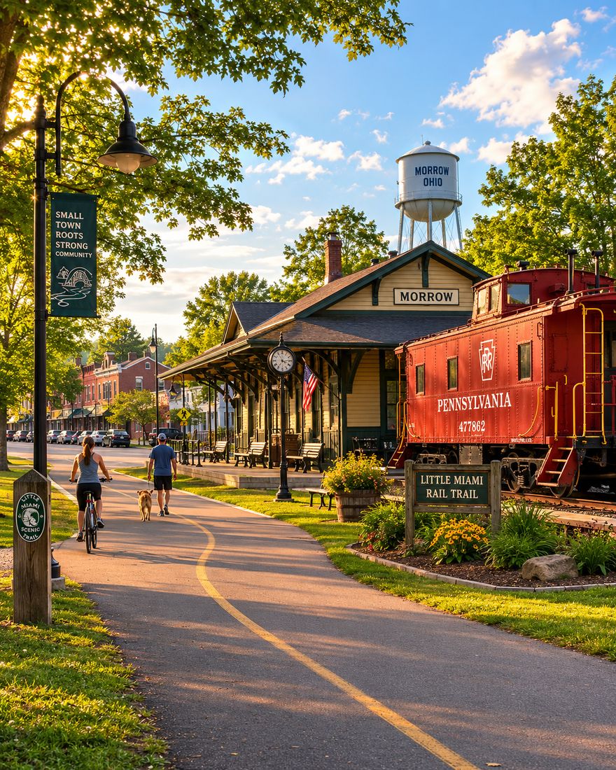 The Little Miami Scenic Trail and historic depot in downtown Morrow, Ohio