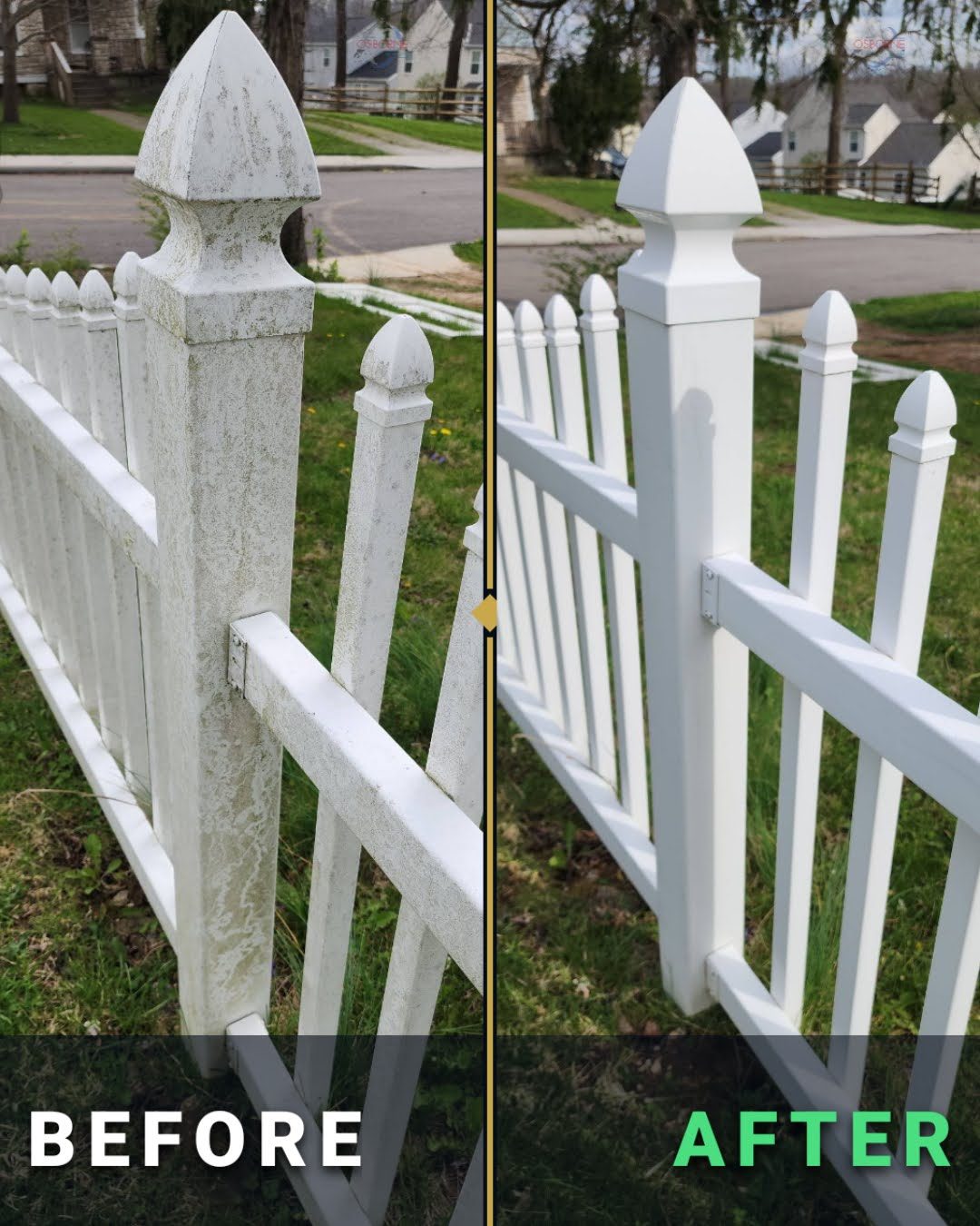 Before and after cleaning a white vinyl picket fence post covered in algae, restored to bright white by Osborne Pro Wash
